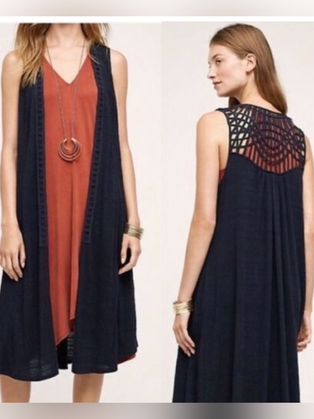 Saturday Sunday Anthropologie Navy Blue Crochet Macrame Duster Vest Size XS